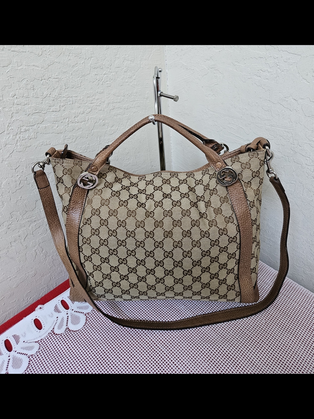 GUCCI Canvas Miss GG Handbag Satchel With Long Handle AUTHENTIC